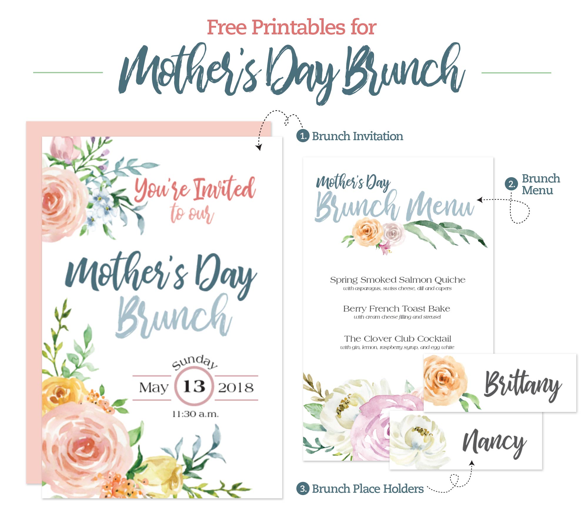 Mother's Day Brunch Printable Menu, Invitation and Place Holders