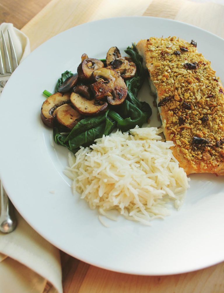 Recipes From our CSA: Salmon with a Thai Chili Lemongrass Crust served with Steamed Spinach, Balsamic Mushrooms and Basmati Rice