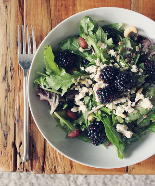 Salad Topped with Blackberries, Fig Goat Cheese & Nuts with Fig Balsamic Dressing