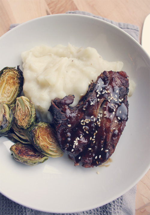 Root Beer Braised Lamb Shoulder with Mashed Potatoes & Roasted Brussels Sprouts