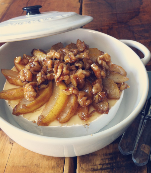 Easy Caramelized Pear + Walnut Topped Brie