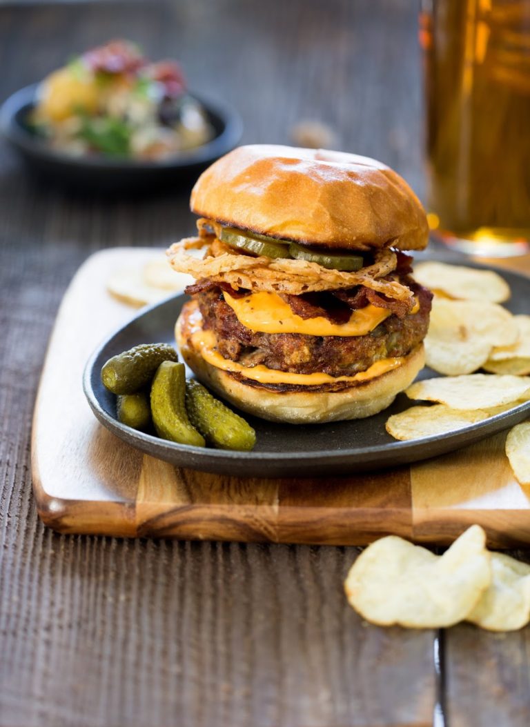 Big Ol’ Burger with Crispy Onions, Bacon, and Sweet Pickles