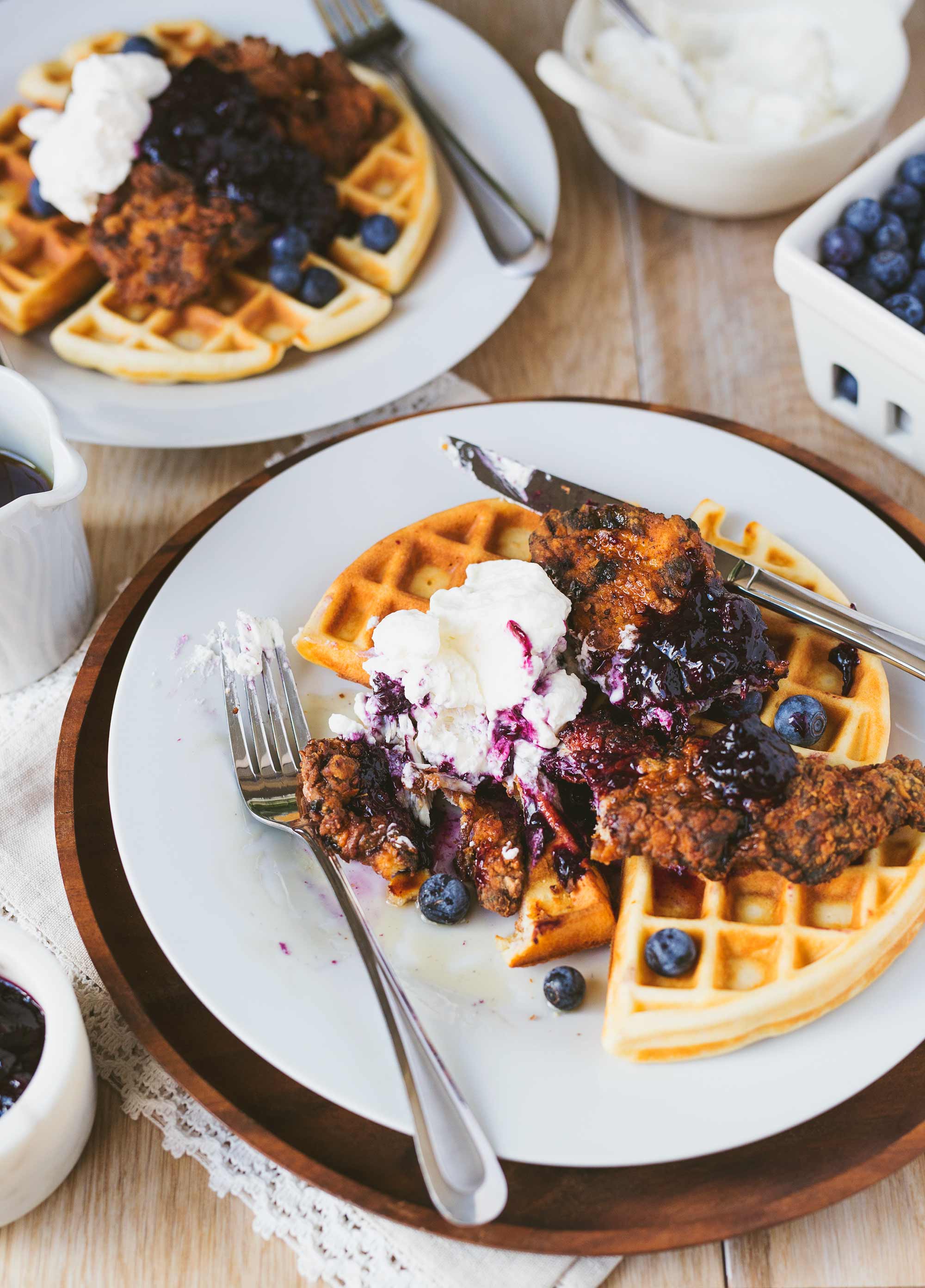 Chicken & Waffles with Blueberry Compote and Maple Syrup