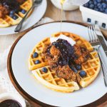Chicken & Waffles with Blueberry Compote and Maple Syrup