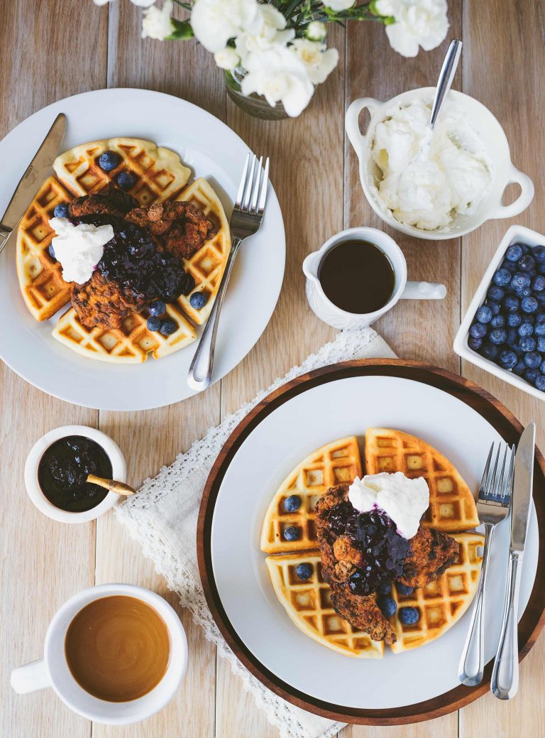 Syrup Sensations: Chicken & Buttermilk Waffles with Blueberry Compote and Maple Syrup