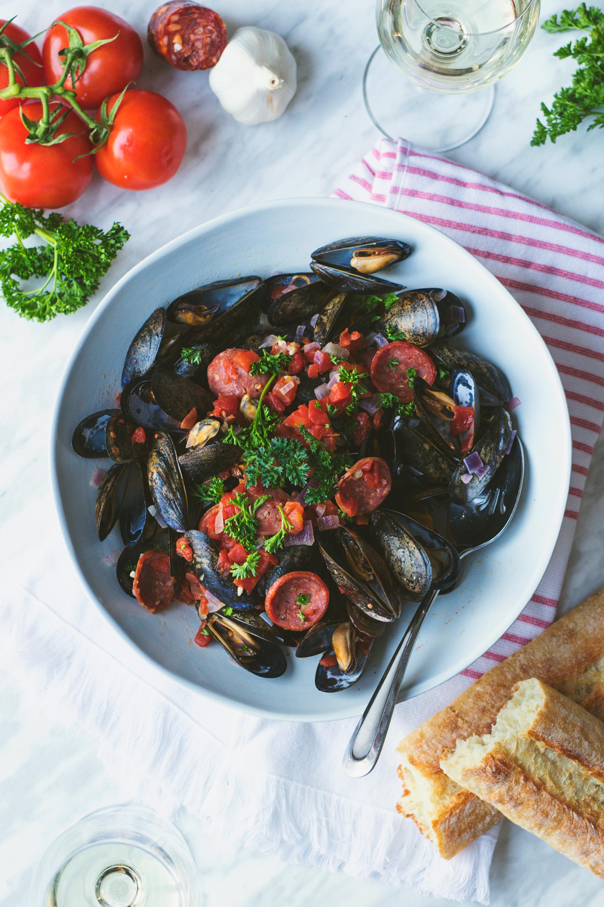 Healthy Tomato, Chorizo & Wine Steamed Mussels