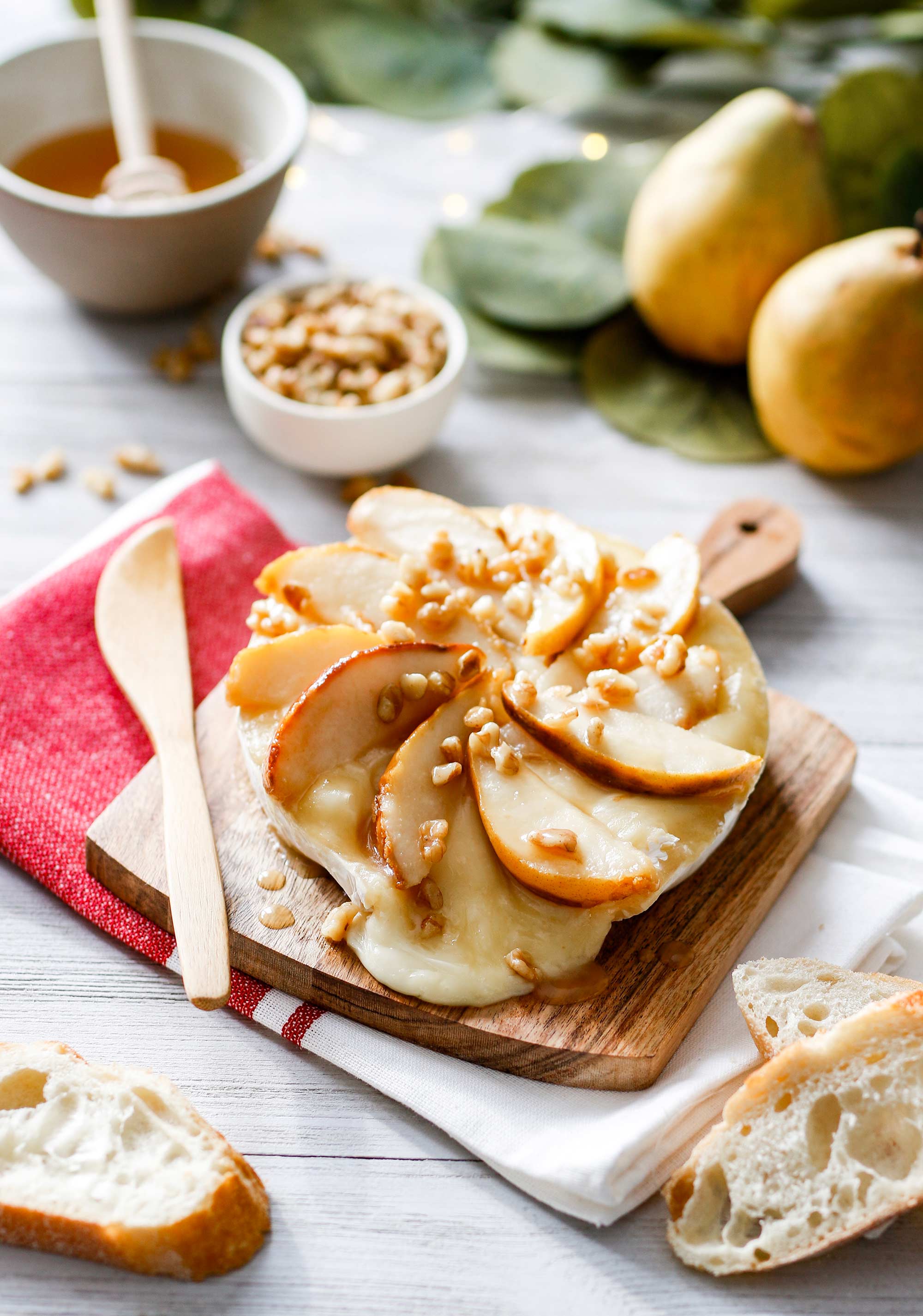 Caramelized Pear and Walnut Topped Brie with Honey